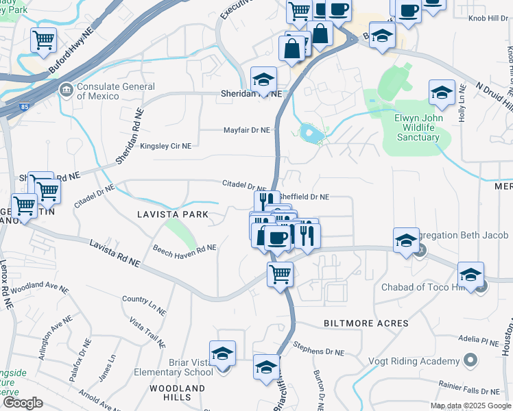 map of restaurants, bars, coffee shops, grocery stores, and more near 1310 Wildcliff Parkway Northeast in Atlanta