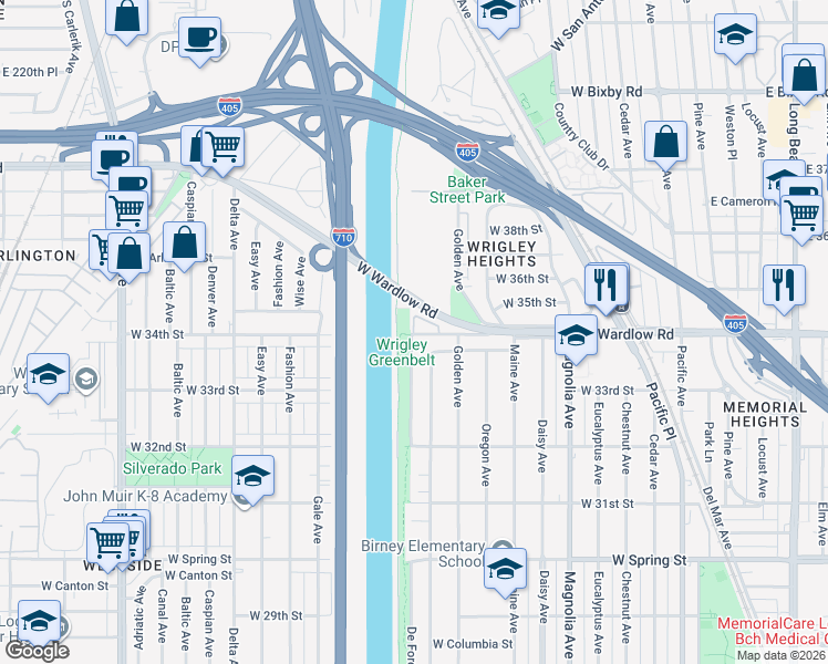 map of restaurants, bars, coffee shops, grocery stores, and more near in Long Beach