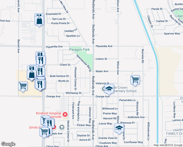 map of restaurants, bars, coffee shops, grocery stores, and more near 2595 Spectacular Bid Street in Perris