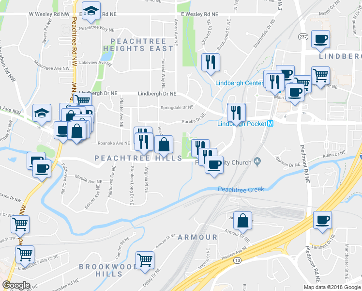 map of restaurants, bars, coffee shops, grocery stores, and more near 2316 Hurst Drive Northeast in Atlanta