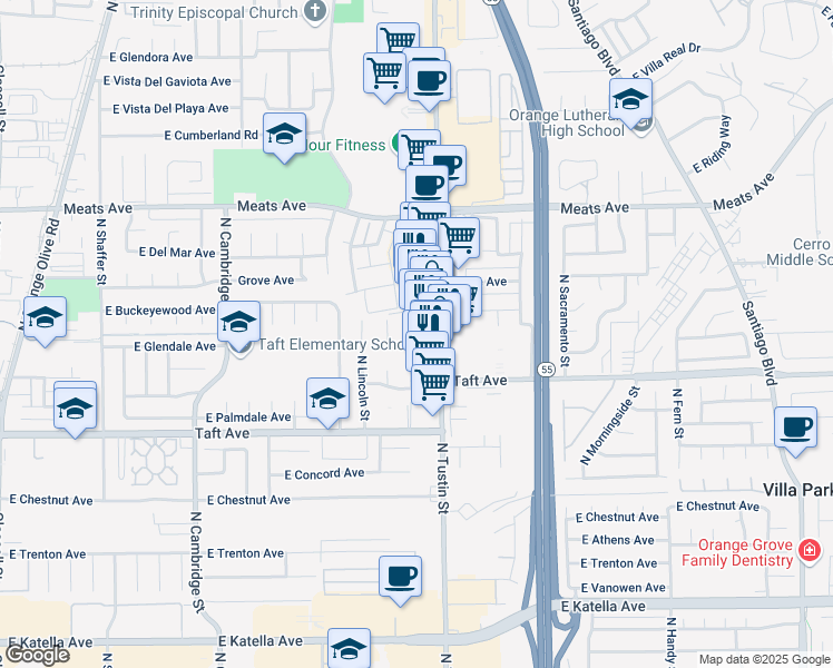 map of restaurants, bars, coffee shops, grocery stores, and more near 1875 North Shattuck Place in Orange