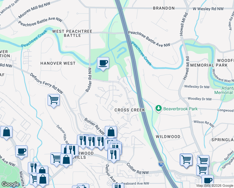 map of restaurants, bars, coffee shops, grocery stores, and more near 71 Adrian Place Northwest in Atlanta