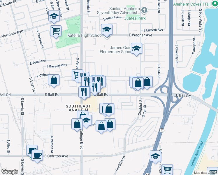 map of restaurants, bars, coffee shops, grocery stores, and more near 1180 South Belhaven Street in Anaheim
