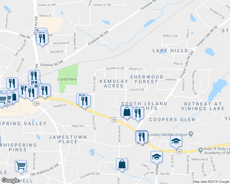 map of restaurants, bars, coffee shops, grocery stores, and more near 355 Kemolay Road Southwest in Mableton
