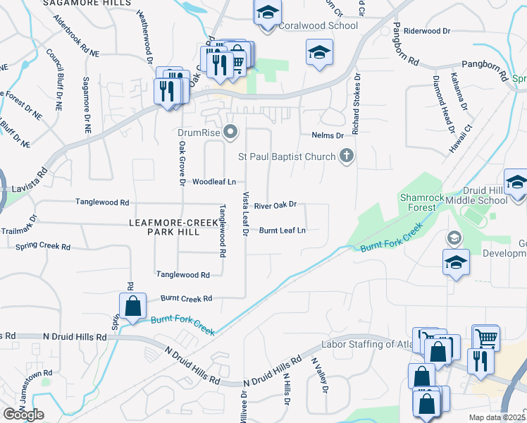 map of restaurants, bars, coffee shops, grocery stores, and more near 2469 River Oak Drive in Decatur