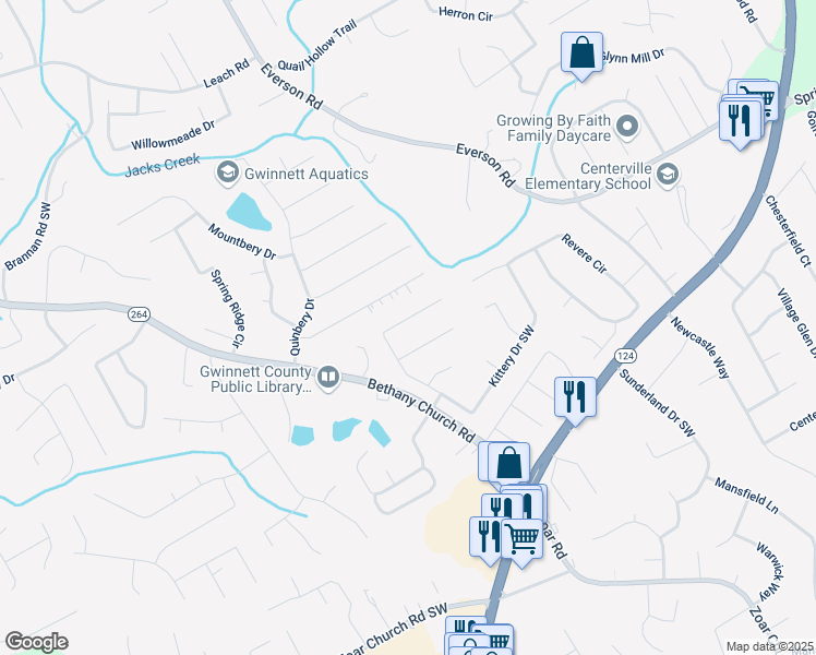 map of restaurants, bars, coffee shops, grocery stores, and more near 3531 Kittery Drive Southwest in Snellville