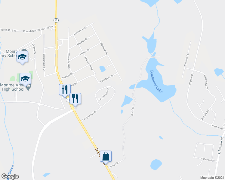 map of restaurants, bars, coffee shops, grocery stores, and more near 233 Tanglewood Drive in Monroe