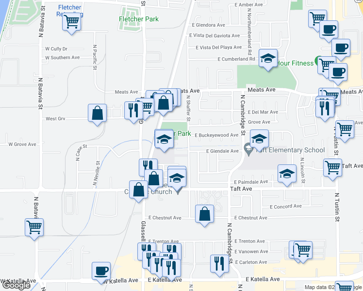 map of restaurants, bars, coffee shops, grocery stores, and more near 1883 North Shaffer Street in Orange