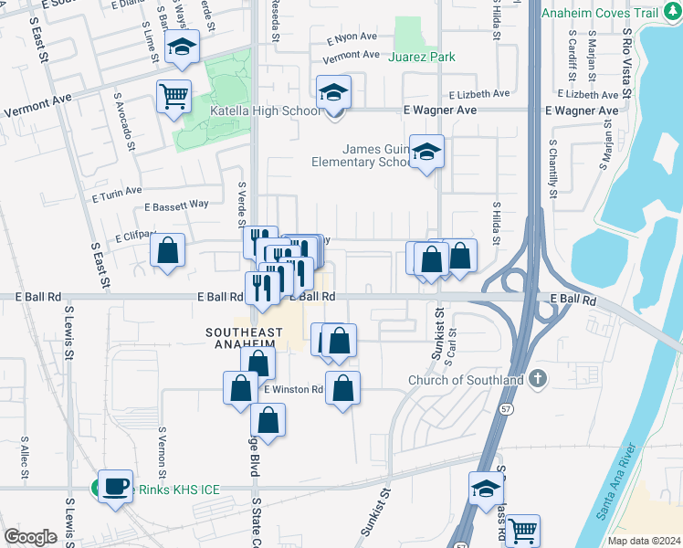 map of restaurants, bars, coffee shops, grocery stores, and more near 1180 South Belhaven Street in Anaheim