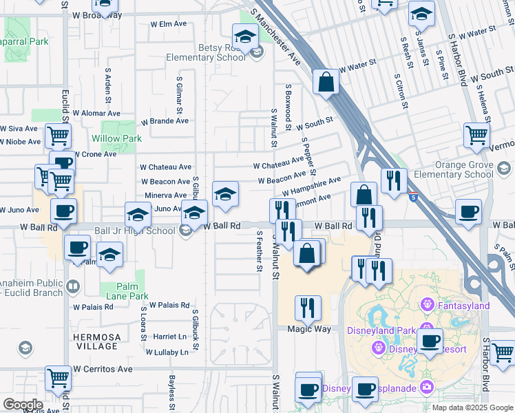 map of restaurants, bars, coffee shops, grocery stores, and more near 891 South Walnut Street in Anaheim