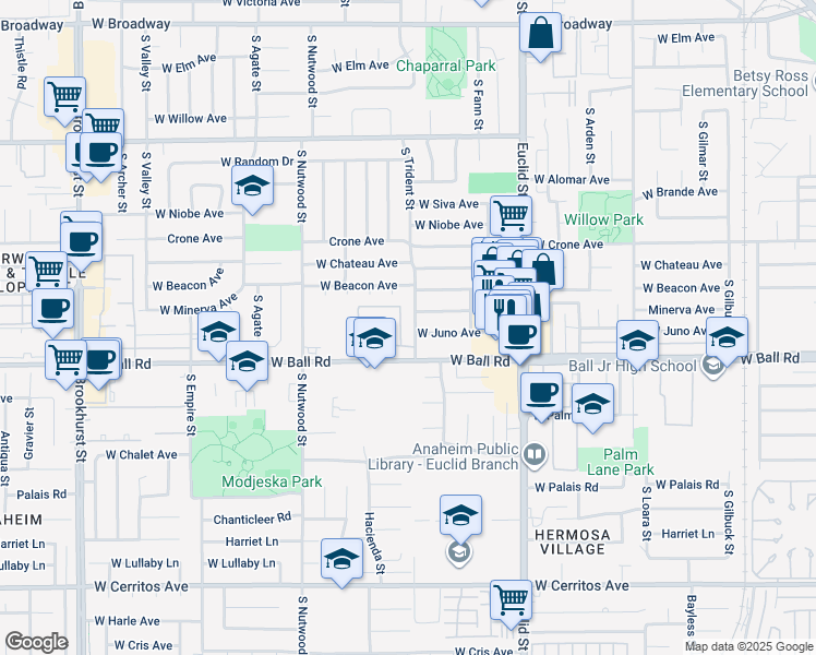 map of restaurants, bars, coffee shops, grocery stores, and more near 916 South Park Circle in Anaheim