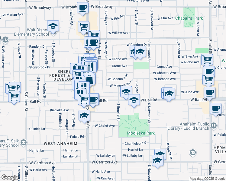 map of restaurants, bars, coffee shops, grocery stores, and more near 2121 West Juno Avenue in Anaheim