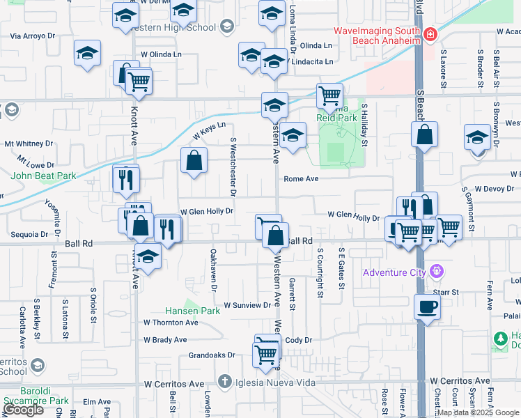 map of restaurants, bars, coffee shops, grocery stores, and more near 3237 Donovan Ranch Road in Anaheim