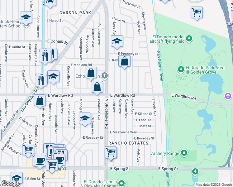 map of restaurants, bars, coffee shops, grocery stores, and more near 3402 Lees Avenue in Long Beach