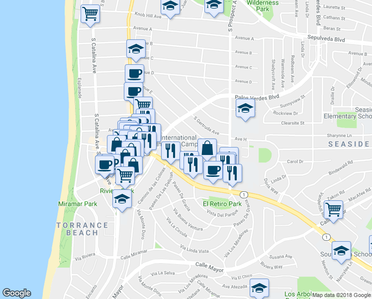 map of restaurants, bars, coffee shops, grocery stores, and more near 430 Avenue F in Redondo Beach