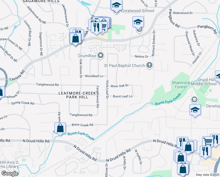 map of restaurants, bars, coffee shops, grocery stores, and more near 1335 Vista Leaf Drive in Decatur