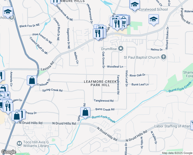 map of restaurants, bars, coffee shops, grocery stores, and more near 2321 Tanglewood Road in Decatur