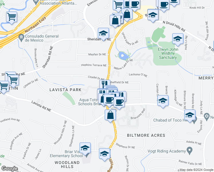 map of restaurants, bars, coffee shops, grocery stores, and more near 1341 Sheffield Drive Northeast in Atlanta