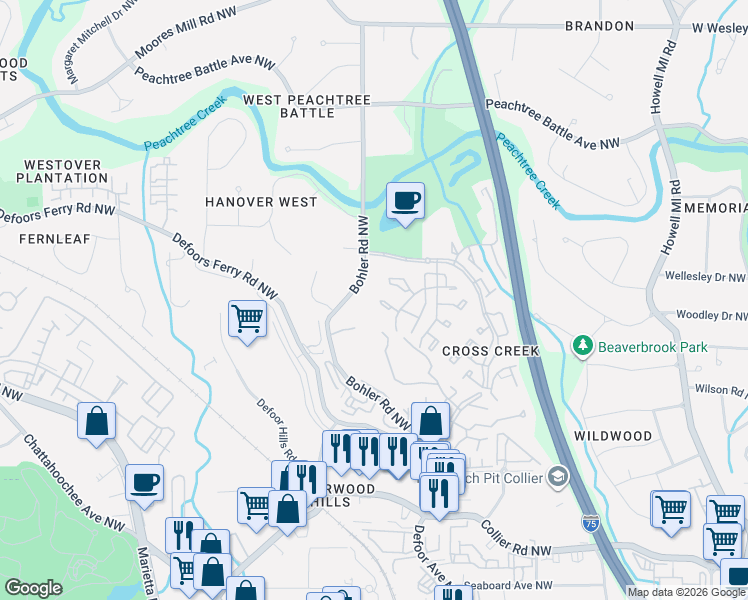 map of restaurants, bars, coffee shops, grocery stores, and more near 100 Rosaire Place Northwest in Atlanta