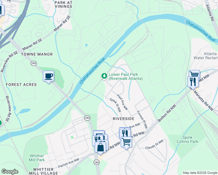 map of restaurants, bars, coffee shops, grocery stores, and more near 2256 Bernard Road Northwest in Atlanta