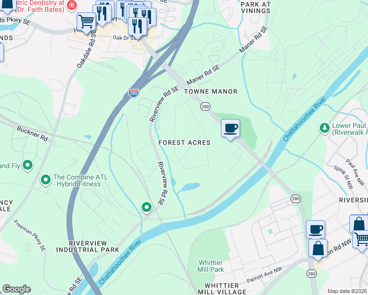 map of restaurants, bars, coffee shops, grocery stores, and more near 2329 Elmwood Drive Southeast in Smyrna