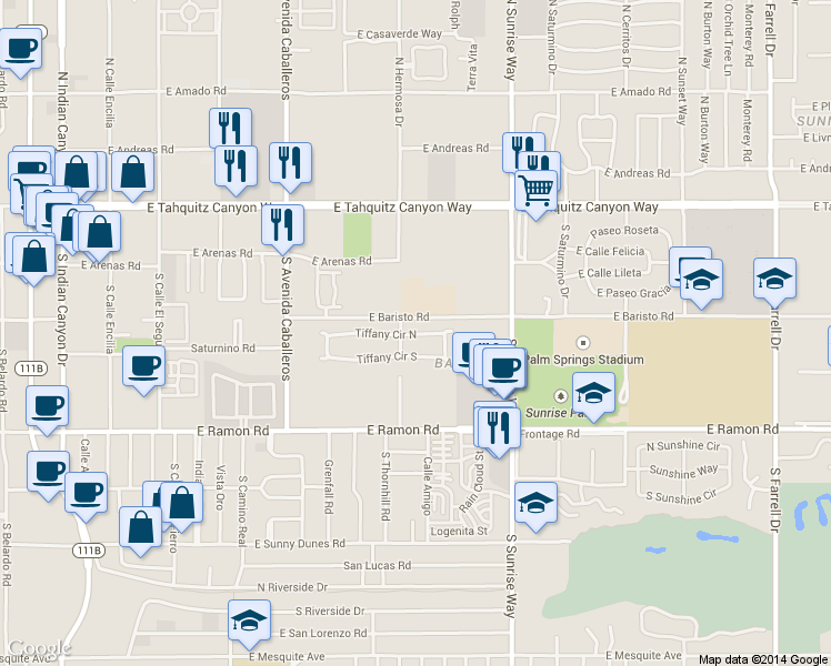 map of restaurants, bars, coffee shops, grocery stores, and more near 1366 Tiffany Circle North in Palm Springs