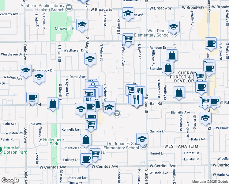 map of restaurants, bars, coffee shops, grocery stores, and more near 902 South Texella Court in Anaheim