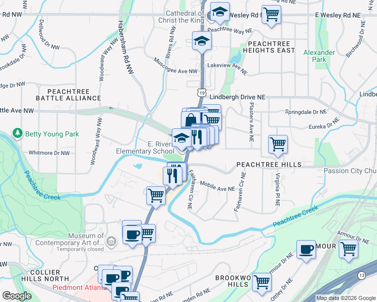 map of restaurants, bars, coffee shops, grocery stores, and more near 2382 Peachtree Road in Atlanta