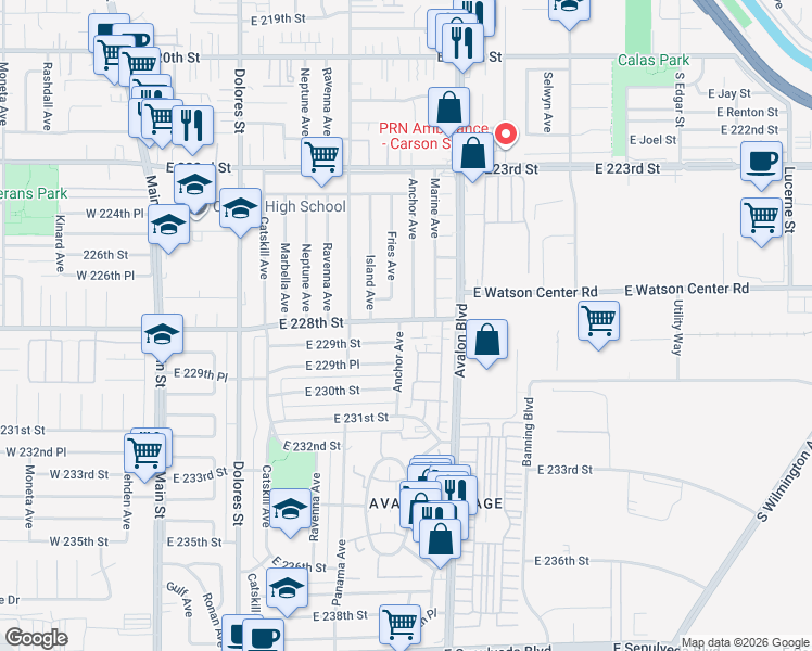 map of restaurants, bars, coffee shops, grocery stores, and more near 502 East 228th Street in Carson