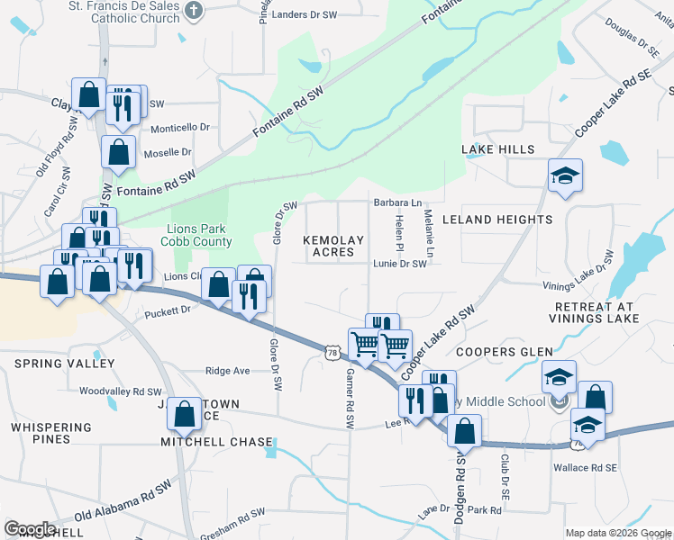 map of restaurants, bars, coffee shops, grocery stores, and more near 343 Kemolay Road Southwest in Mableton