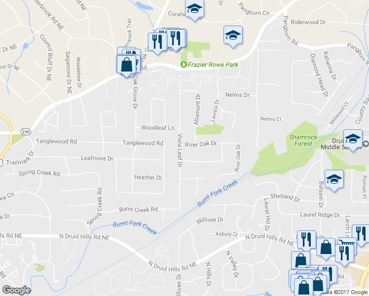 map of restaurants, bars, coffee shops, grocery stores, and more near 1335 Vista Leaf Drive in Decatur