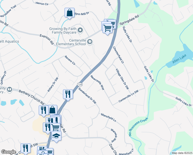 map of restaurants, bars, coffee shops, grocery stores, and more near 3174 Newcastle Way in Snellville