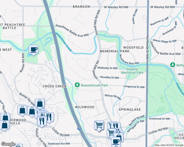 map of restaurants, bars, coffee shops, grocery stores, and more near 2343 Howell Mill Road Northwest in Atlanta
