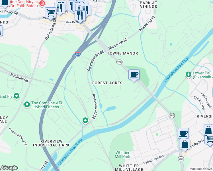 map of restaurants, bars, coffee shops, grocery stores, and more near 2329 Elmwood Drive Southeast in Smyrna