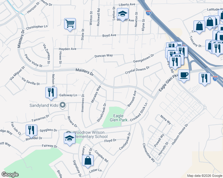 map of restaurants, bars, coffee shops, grocery stores, and more near 4106 Prairie Dunes Drive in Corona