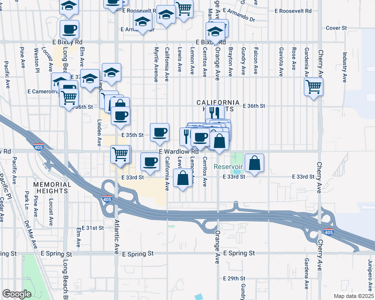 map of restaurants, bars, coffee shops, grocery stores, and more near 1079 East Wardlow Road in Long Beach
