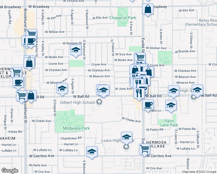 map of restaurants, bars, coffee shops, grocery stores, and more near 916 South Park Circle in Anaheim