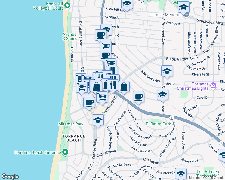 map of restaurants, bars, coffee shops, grocery stores, and more near 1650 California 1 in Redondo Beach