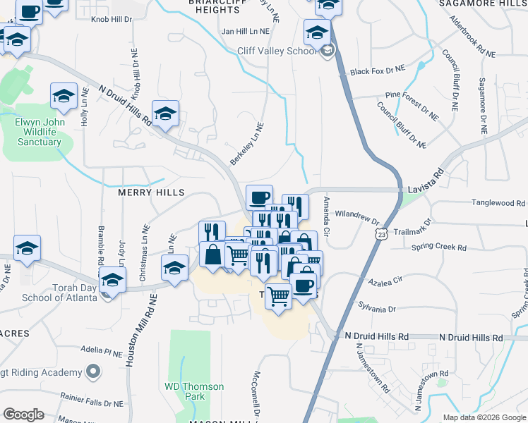 map of restaurants, bars, coffee shops, grocery stores, and more near 1980 Townsend Court in Atlanta