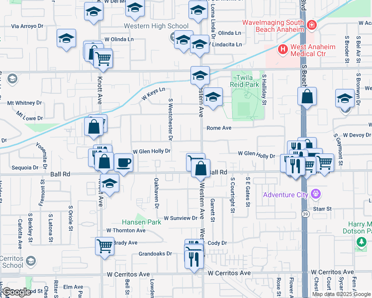map of restaurants, bars, coffee shops, grocery stores, and more near 3237 Donovan Ranch Road in Anaheim