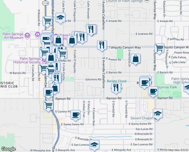 map of restaurants, bars, coffee shops, grocery stores, and more near 900 Saturnino Road in Palm Springs