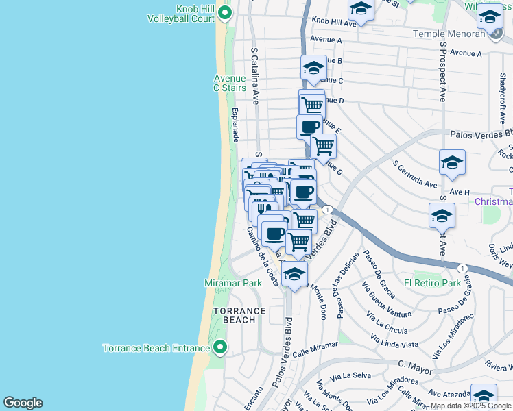 map of restaurants, bars, coffee shops, grocery stores, and more near 116 Avenue I in Redondo Beach