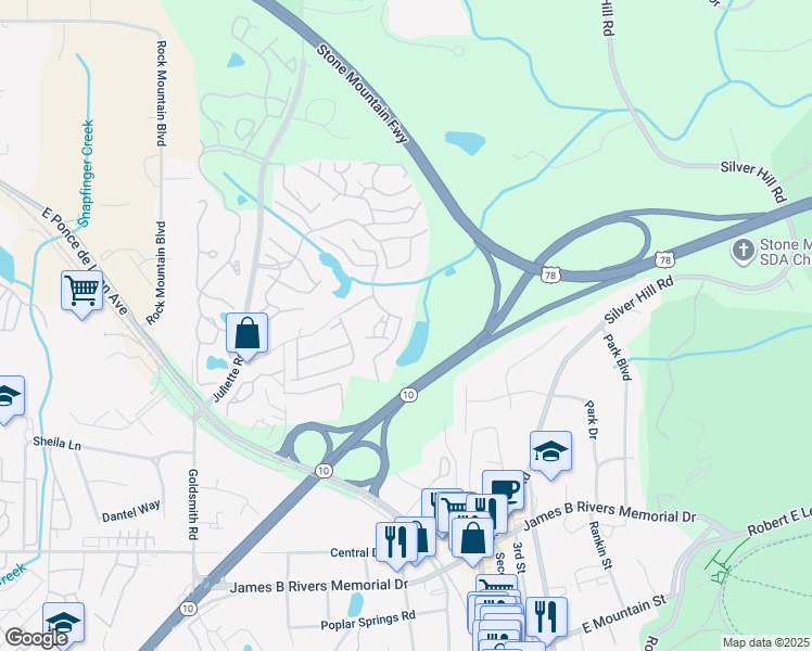 map of restaurants, bars, coffee shops, grocery stores, and more near 1306 Stone Mill Cove in Stone Mountain