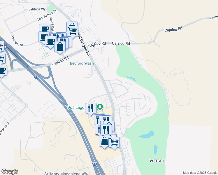 map of restaurants, bars, coffee shops, grocery stores, and more near 4156 Windspring Street in Corona