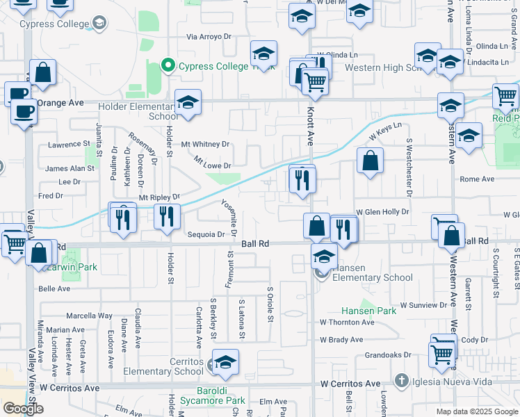 map of restaurants, bars, coffee shops, grocery stores, and more near 849 Marian Way in Anaheim
