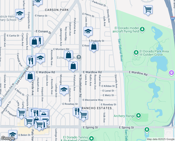 map of restaurants, bars, coffee shops, grocery stores, and more near 3402 Lees Avenue in Long Beach