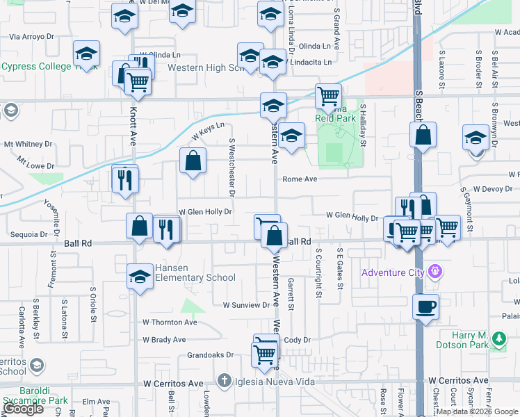 map of restaurants, bars, coffee shops, grocery stores, and more near 3237 Donovan Ranch Road in Anaheim