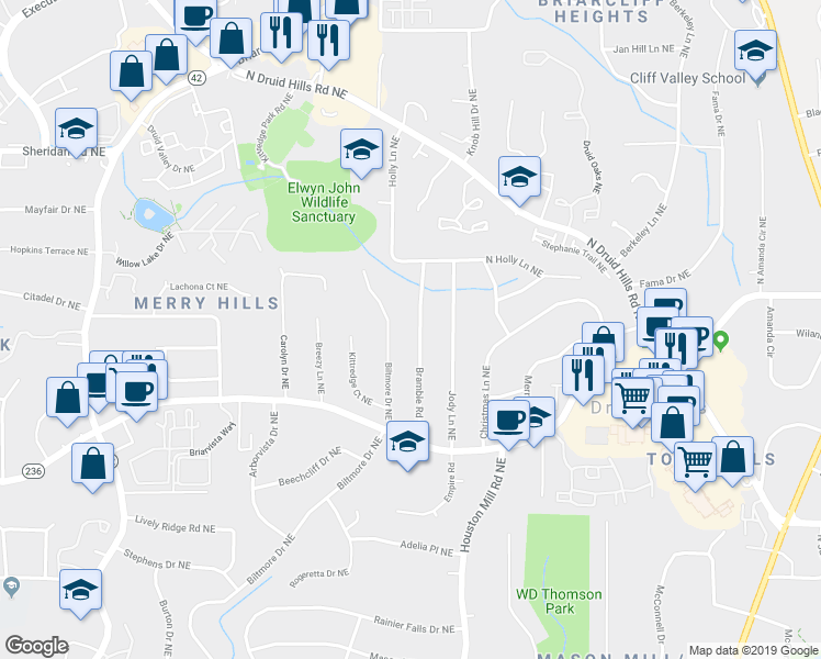 map of restaurants, bars, coffee shops, grocery stores, and more near 1334 Bramble Rd NE in Atlanta