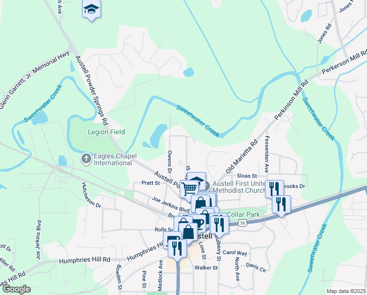 map of restaurants, bars, coffee shops, grocery stores, and more near 5570 Edith Street in Austell