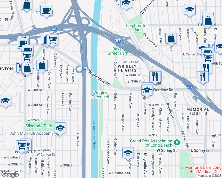map of restaurants, bars, coffee shops, grocery stores, and more near 867 West 34th Street in Long Beach
